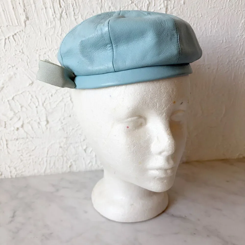 Vintage Blue Leather Newsboy Cap Beret Mod Hat Sanlea Hats New York